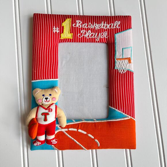 Vintage #1 Basketball Player Fabric Photo Frame 90's Embroidered Teddy Bear - Picture 1 of 9